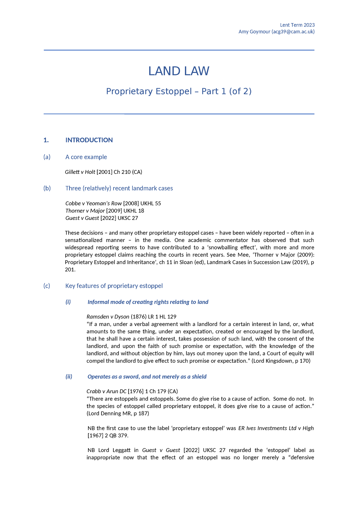 Proprietary Estoppel (2022-23) handout (Part 1) (final) - Lent Term ...