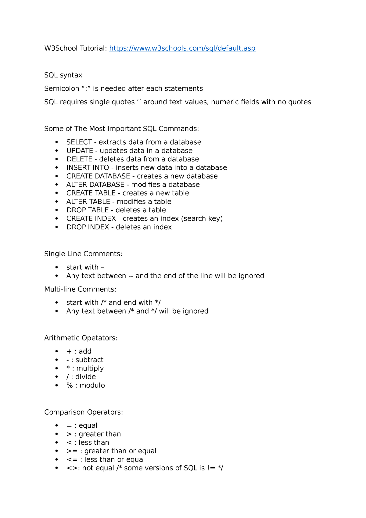 picnic Obligate administration SQL notes - This note is based on SQL w3school tutorial - W3School  Tutorial: - StuDocu