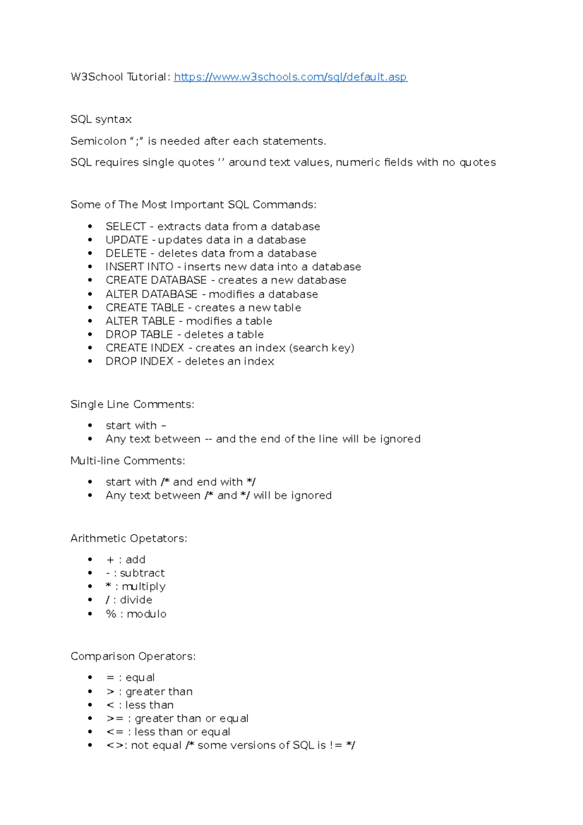 SQL Notes This Note Is Based On SQL W3school Tutorial W3School 