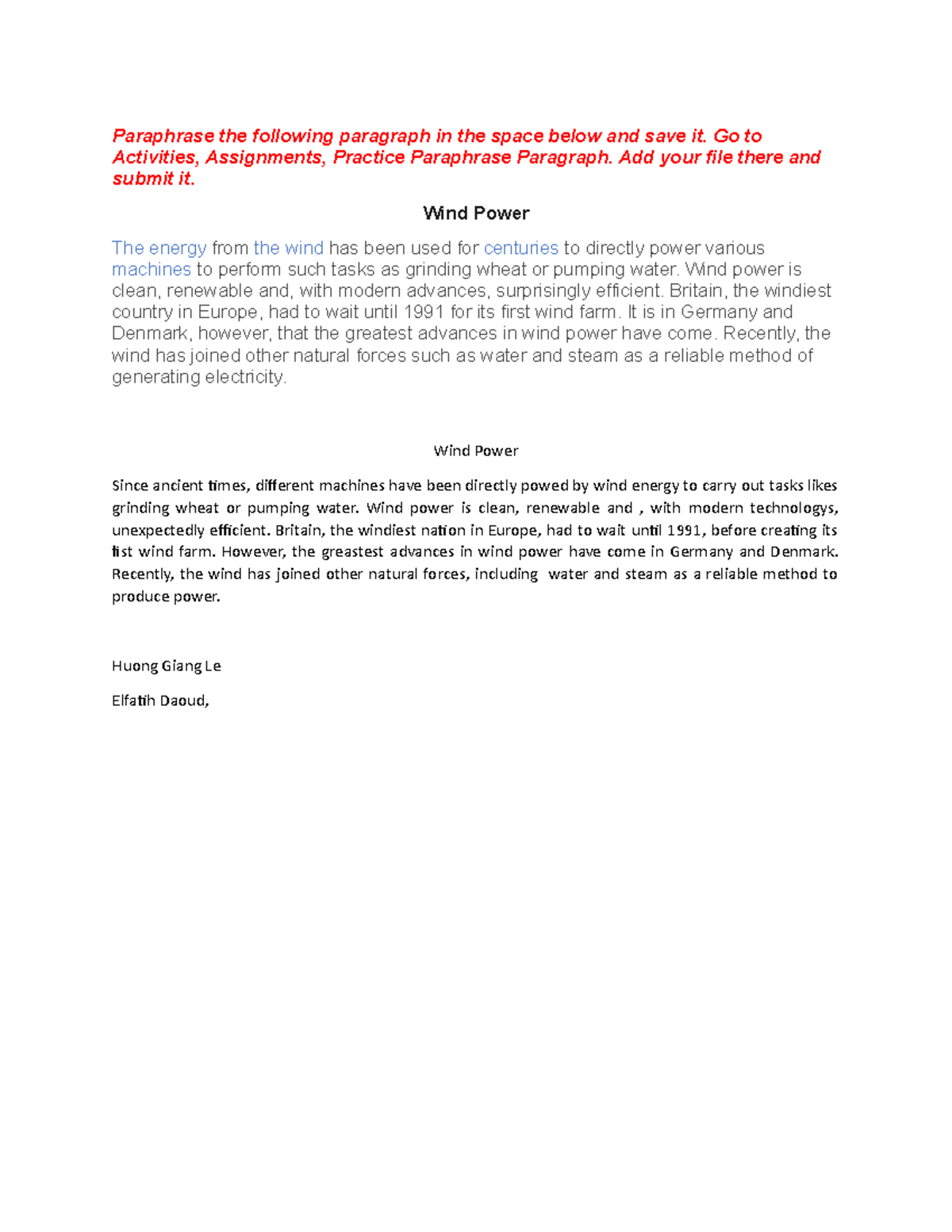 Wind power, paraphrasing practice 1 - Paraphrase the following ...