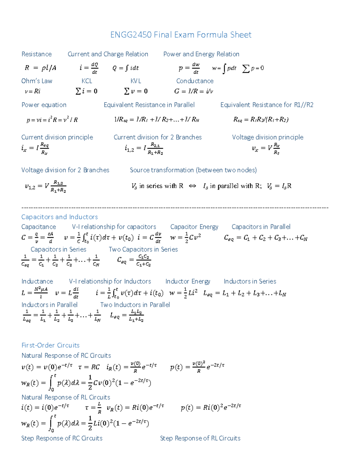 ENGG2450 Equation Sheet 1 - ENGG2450 Final Exam Formula Sheet ...