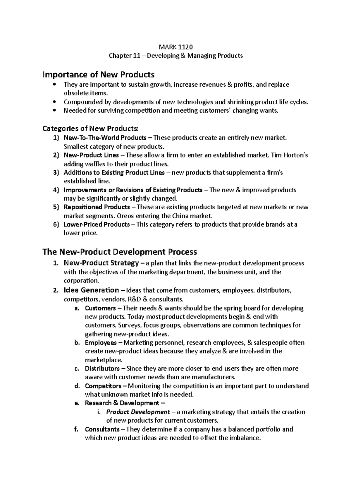 MARK Chapter 11 Notes - MARK 1120 Chapter 11 – Developing & Managing ...