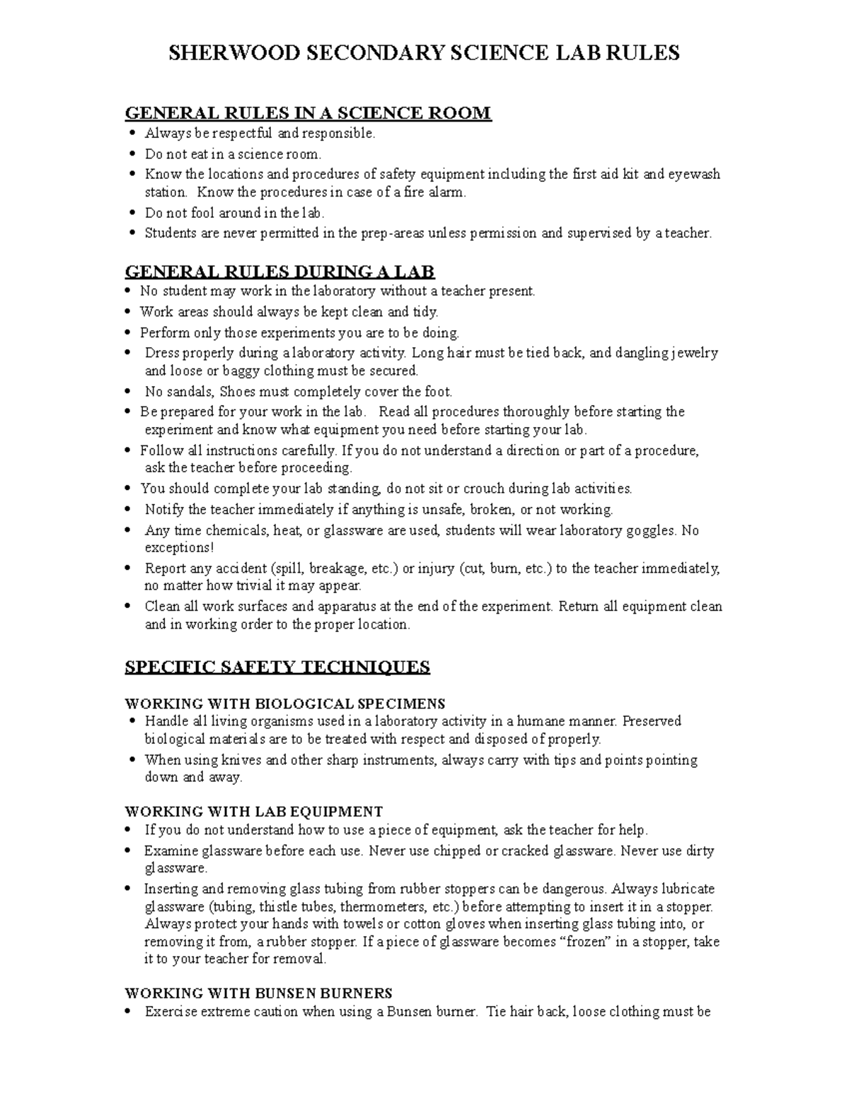 Sherwood Science Lab Rules SHERWOOD SECONDARY SCIENCE LAB RULES