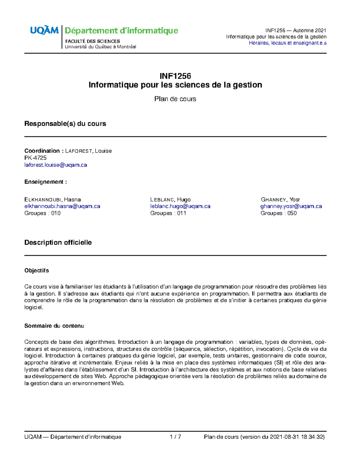 Plan de cours automne 2021 - Département d’informatique FACULTÉ DES ...
