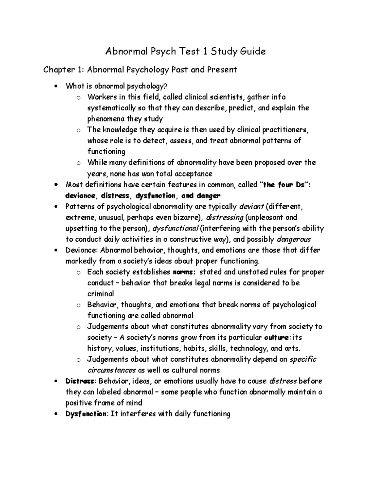 Test 1 Chapter 1 Study Guide - Abnormal Psych Test 1 Study Guide ...