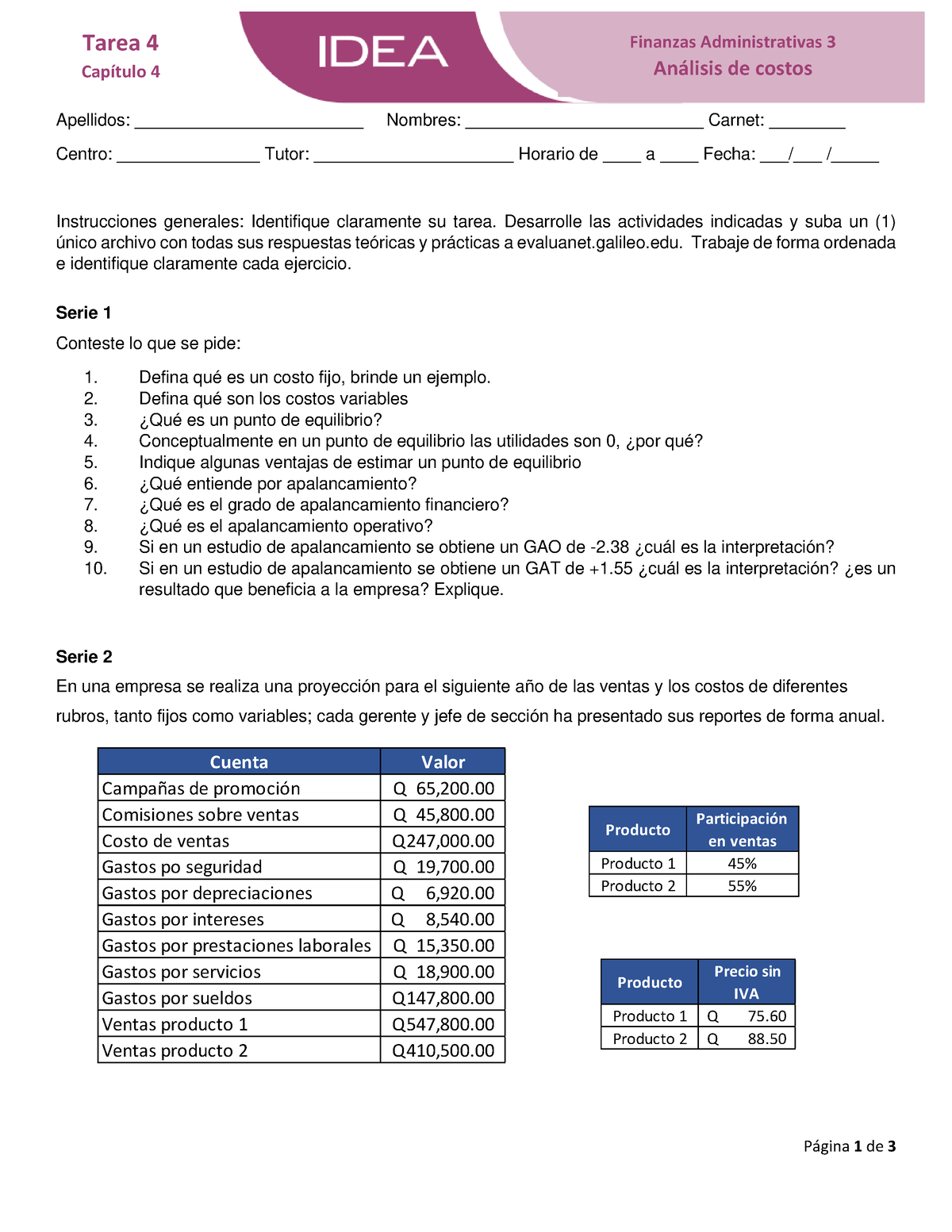 Fa3 Tarea4 2023 Página 1 De 3 Finanzas Administrativas 3 Análisis De Costos Tarea 4 3201