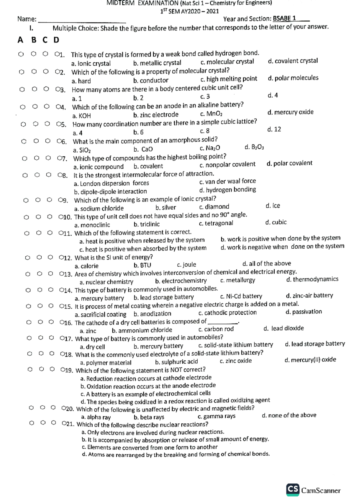 Chemistry for Engineers ( Midterm Exam) - Copy - BS-Mathematics ...