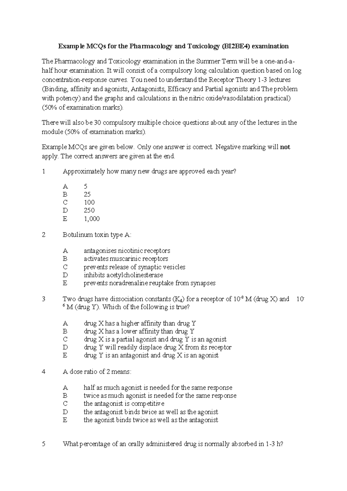 MCQ example questions - Example MCQs for the Pharmacology and ...