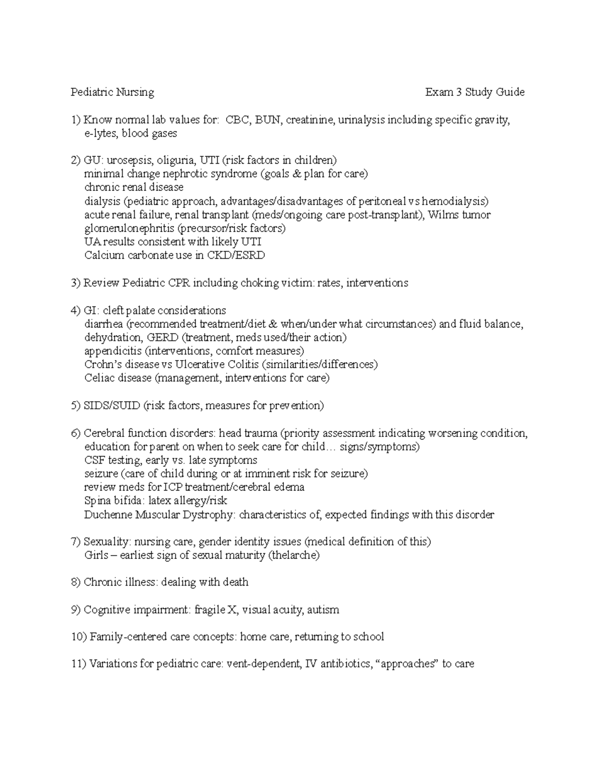 Pediatric Exam 3 Study Guide Fall2021 Pediatric Nursing Exam 3 Study 