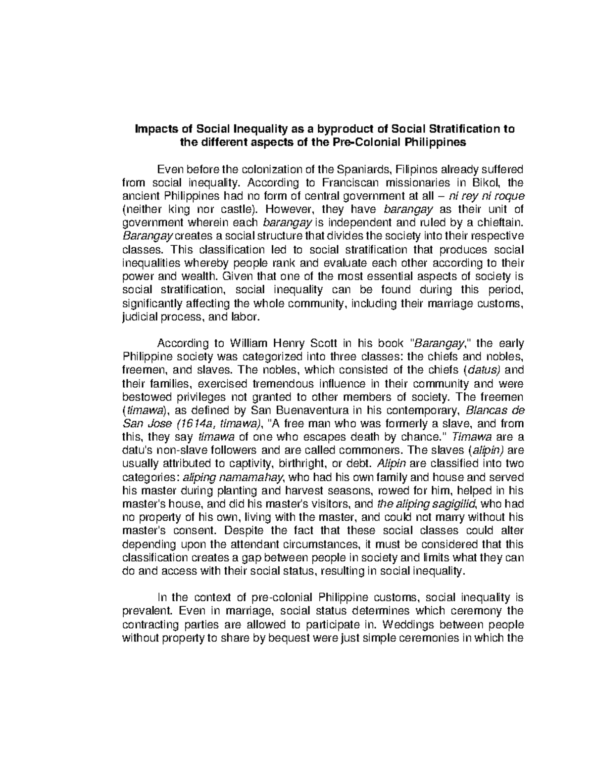 Pre Colonial Philippines Impacts of Social Inequality as a byproduct