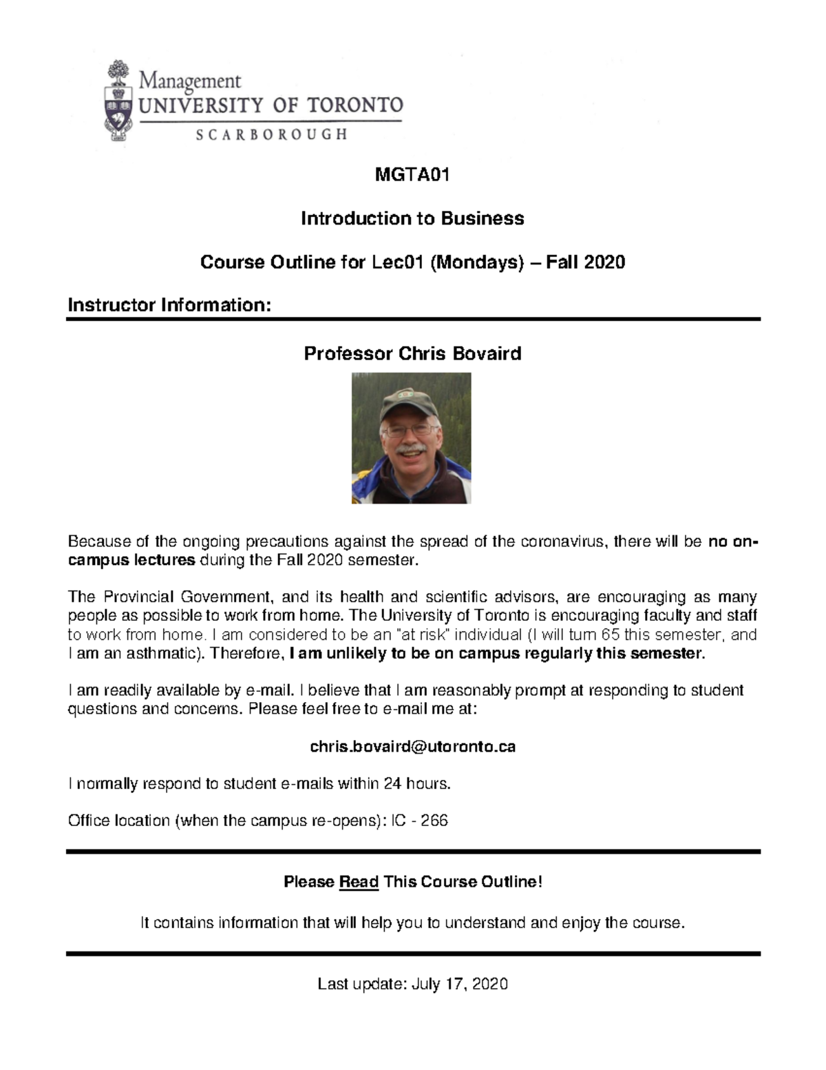 Outline - MGTA01 - Monday - Fall 2020 - MGTA Introduction to Business ...