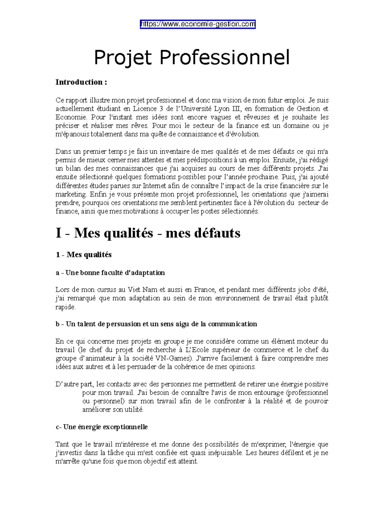 1- exemple de projet professionnel pour un étudiant - Projet ...