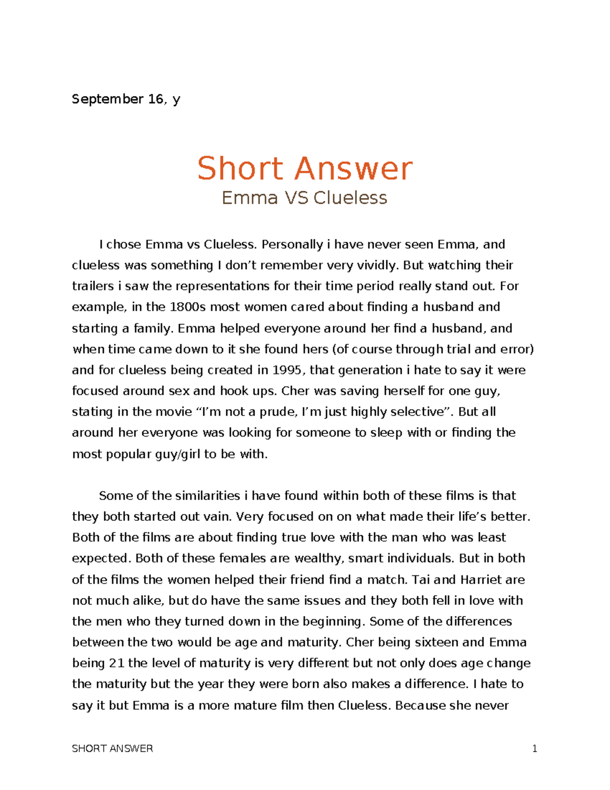 Revills Short Answer - September 16, y Short Answer Emma VS Clueless I ...