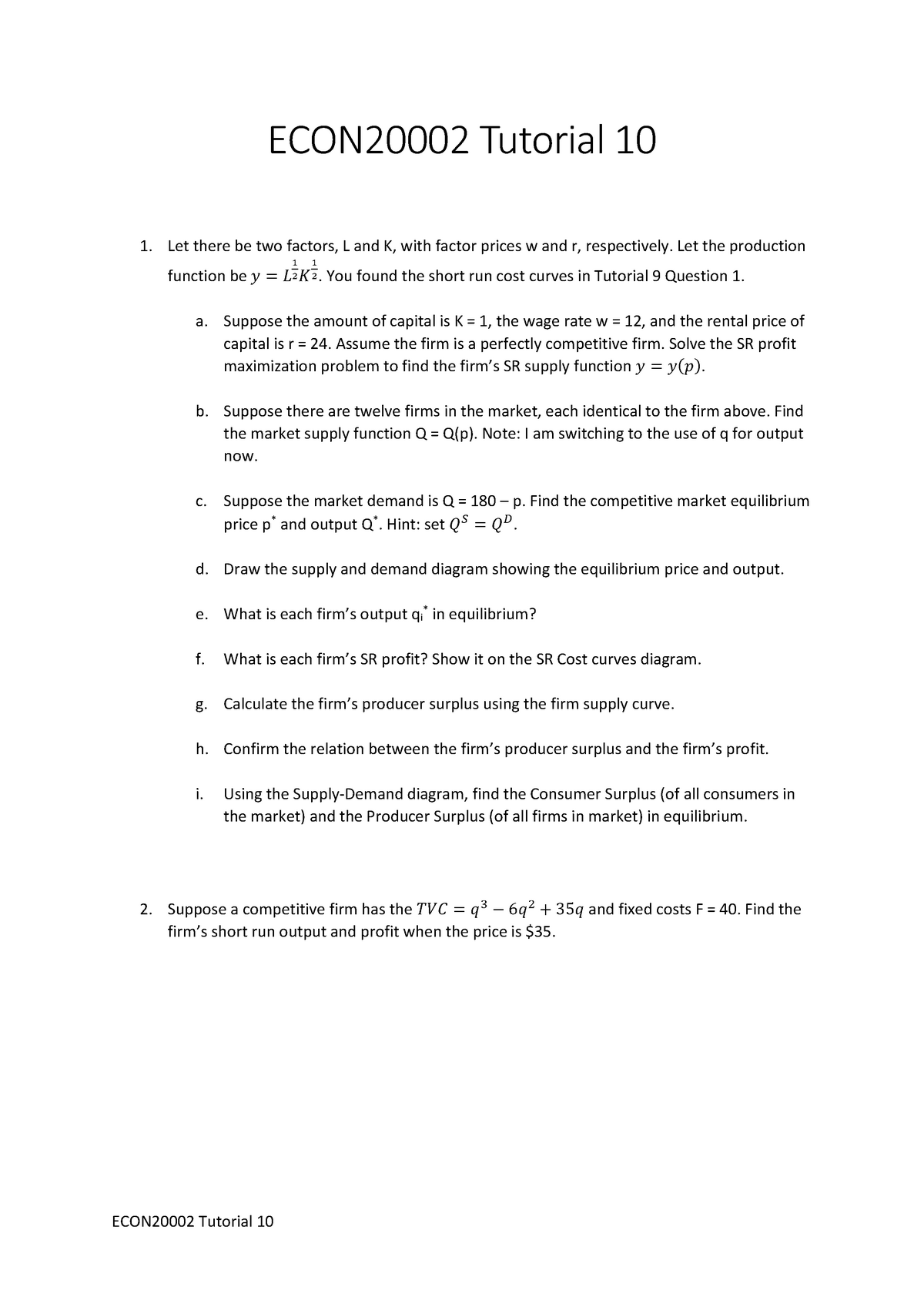 ECON2000 2+Tutorial+10 - ECON20002 Tutorial 10 ECONϮϬϬϬϮ Tutorial ϭϬ ...