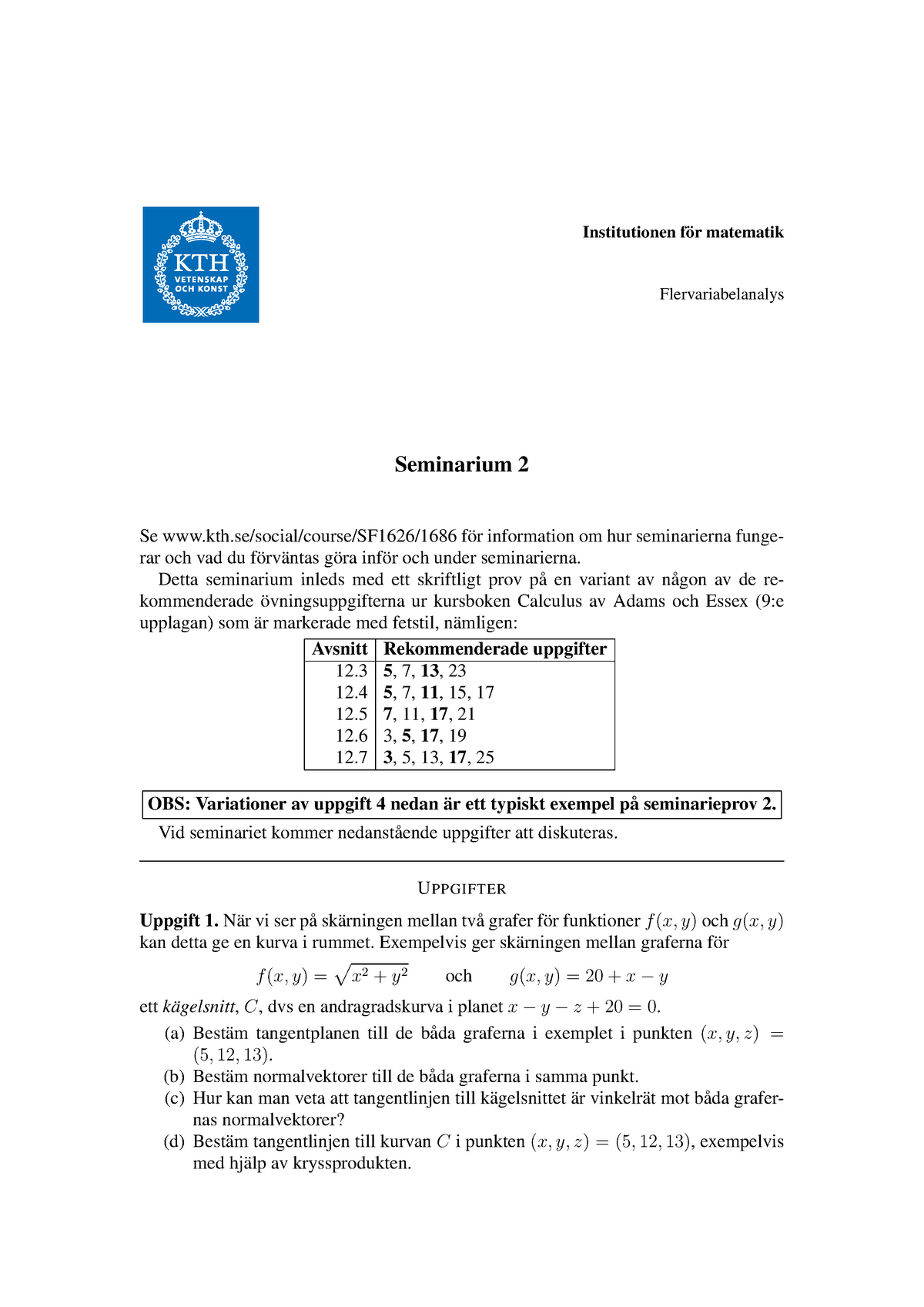 Recommended Tasks - Institutionen For Matematik ̈ Flervariabelanalys ...