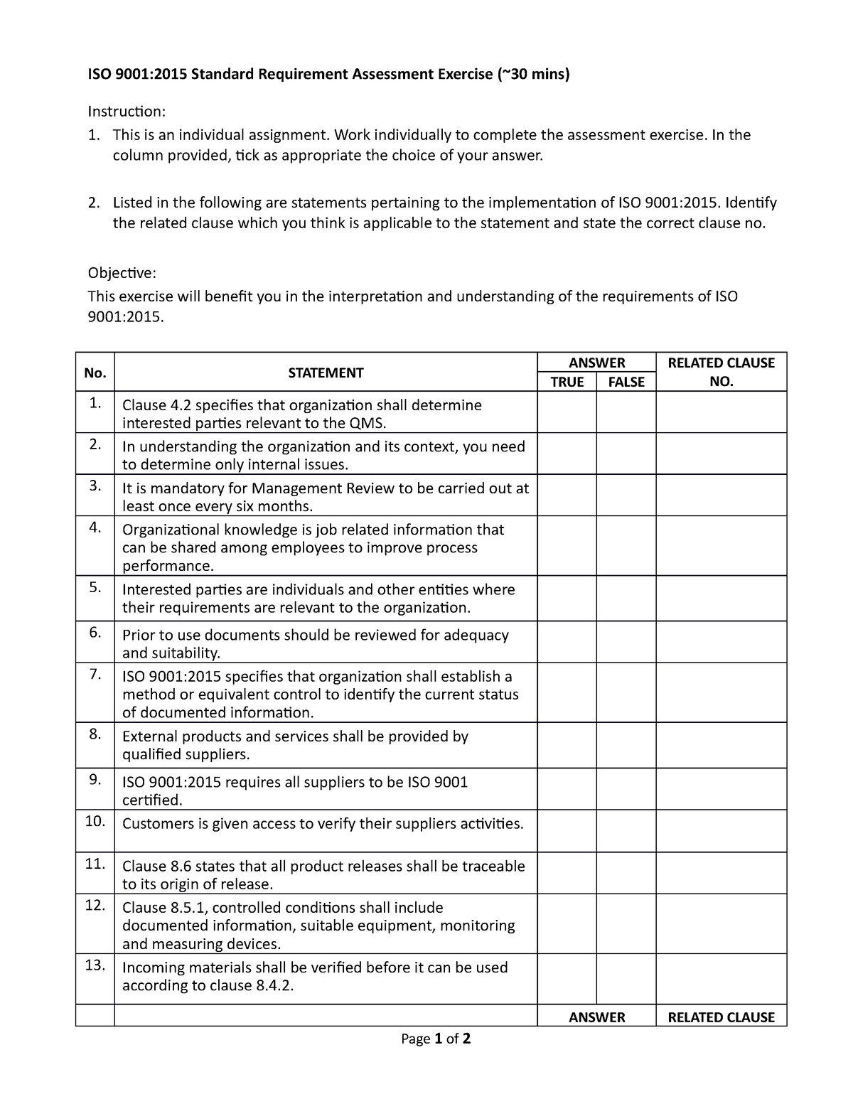 ISO 9001 Assessment Exercise a - ISO 9001:2015 Standard Requirement ...