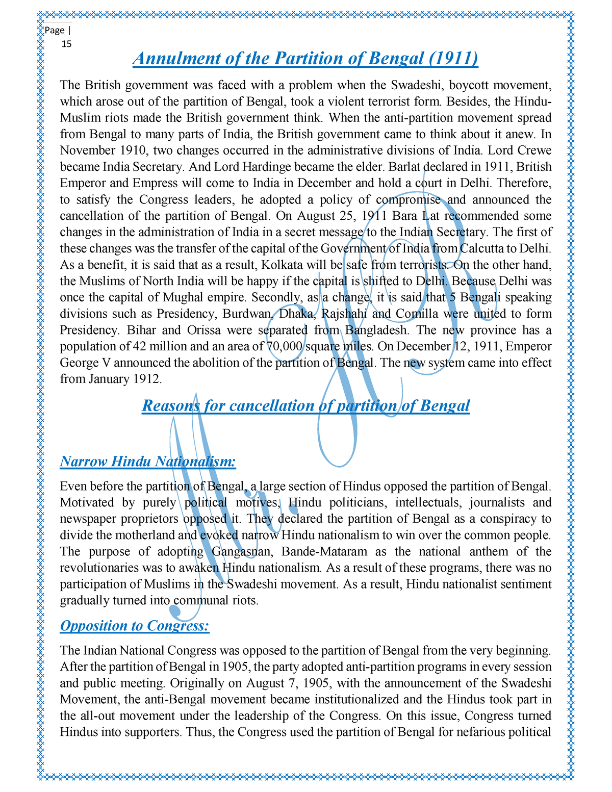 Annulment Of Bengal Partition 1911 - 15 Annulment of the Partition of ...