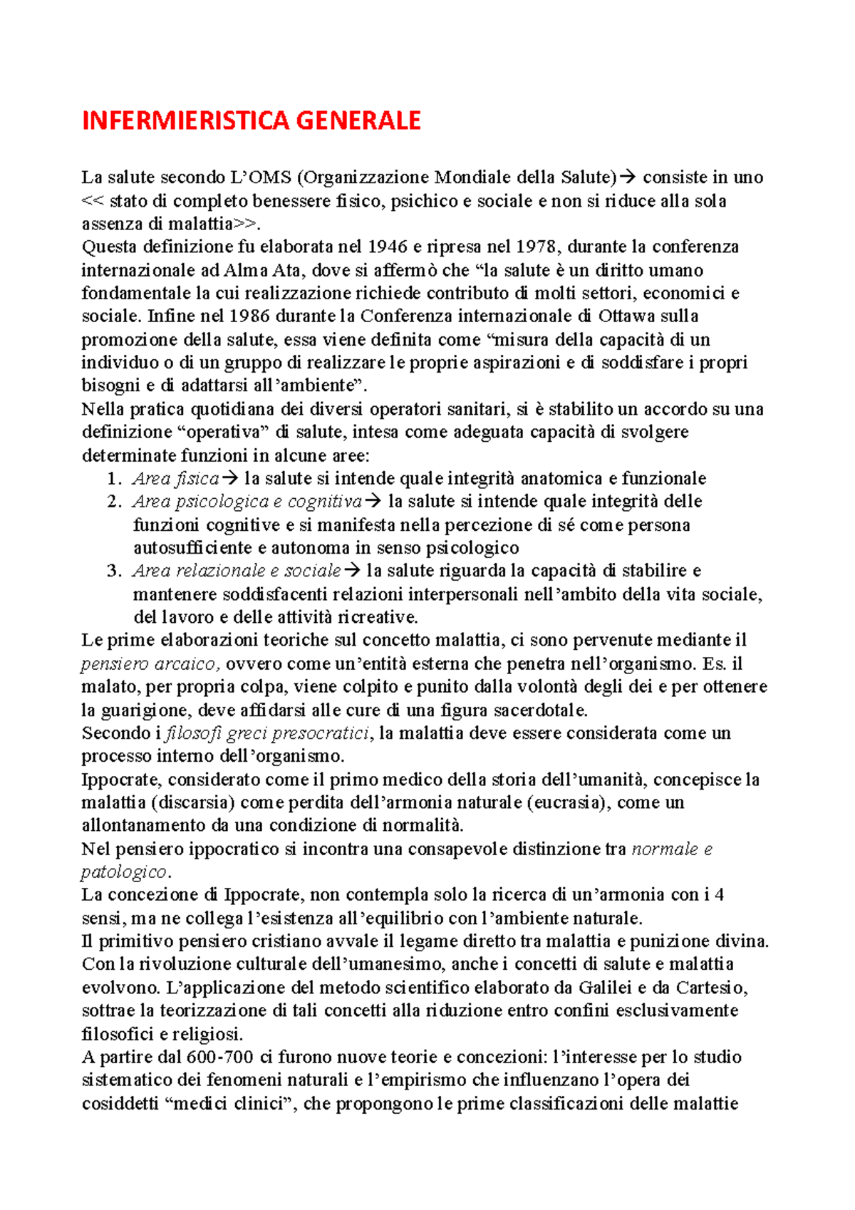 Blocco Di Infermieristica - INFERMIERISTICA GENERALE La Salute Secondo ...