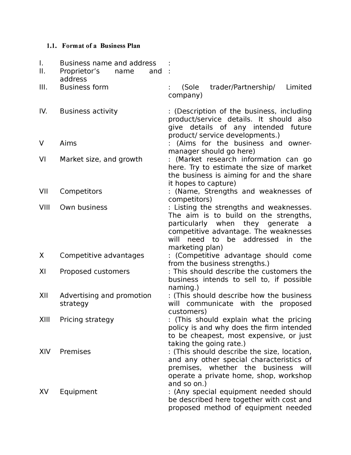 Format Of A Business Plan Studocu