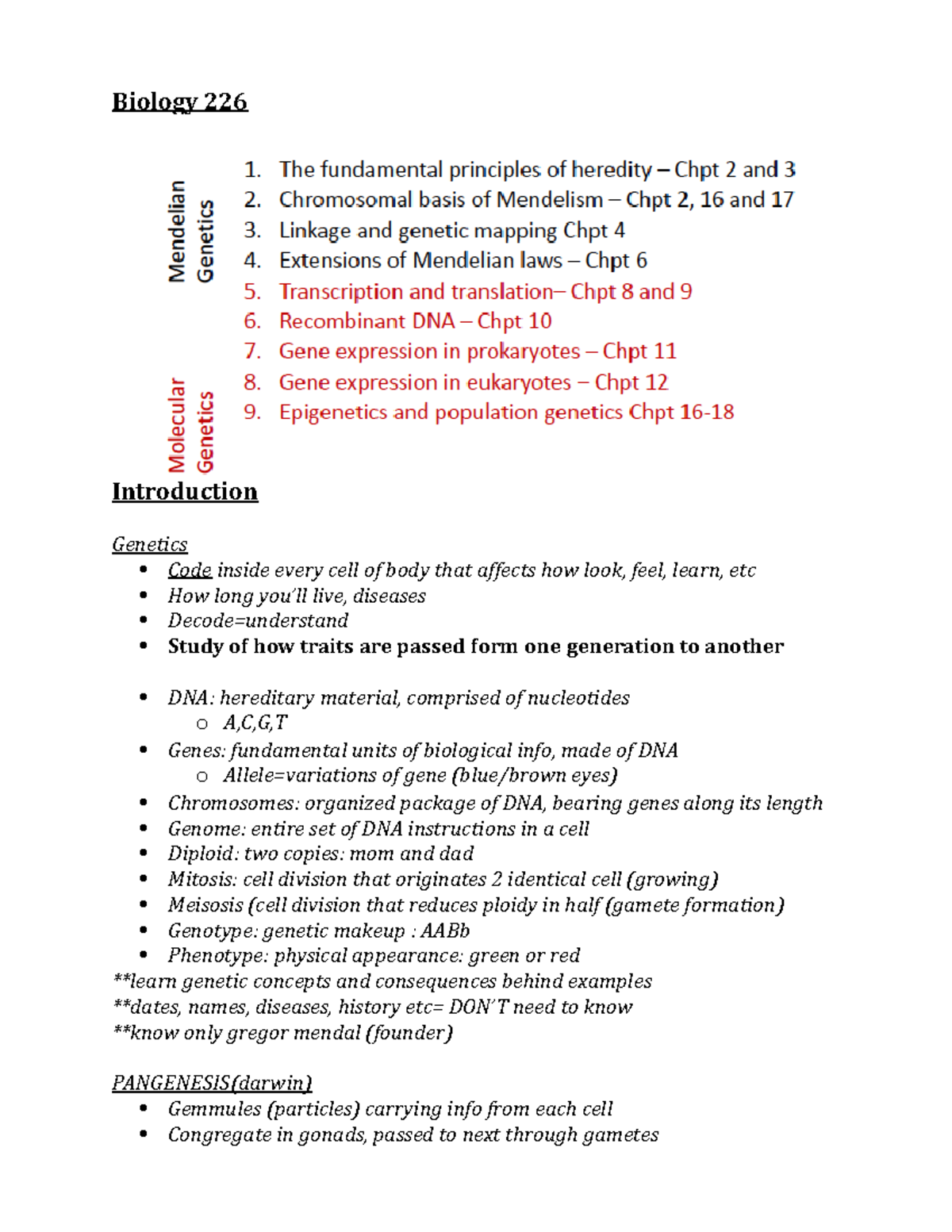 Biology 226 - Midterm Review - Biology 226 Introduction Genetics Code ...