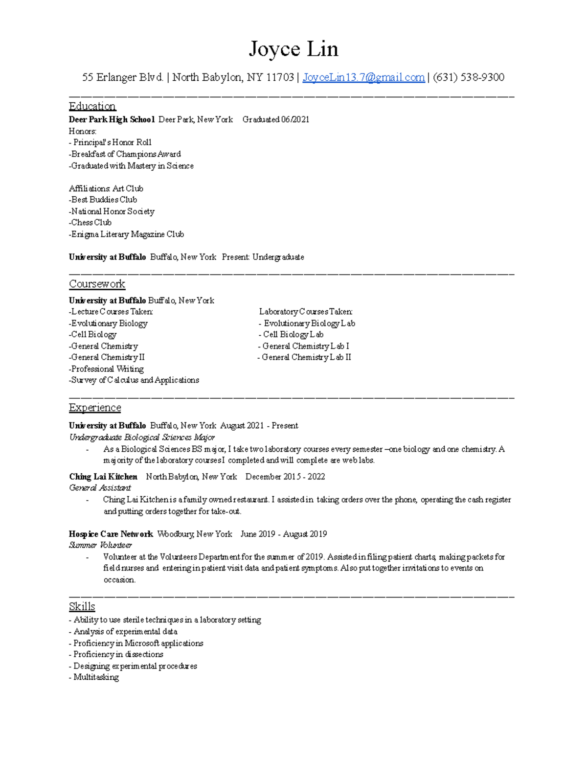 Resume for Lab Assistant Position Joyce Lin 55 Erlanger Blvd. North