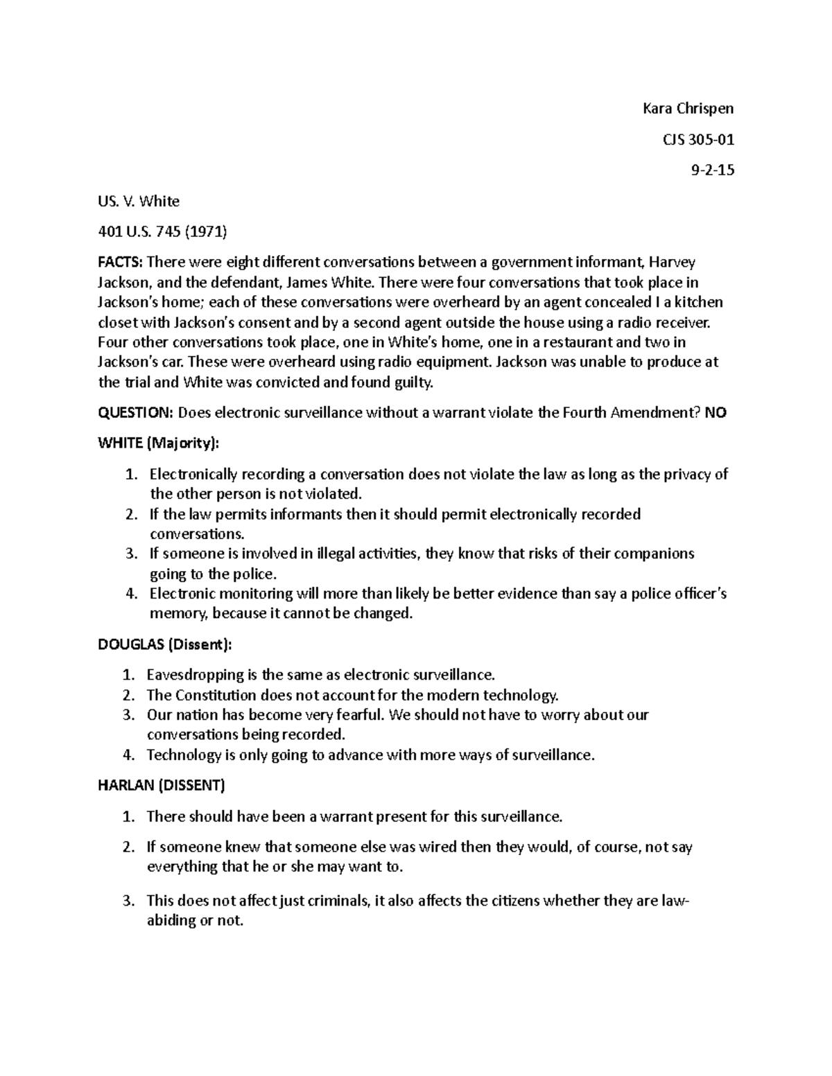 US v White - case brief - Kara Chrispen CJS 305- 9-2- US. V. White 401 ...