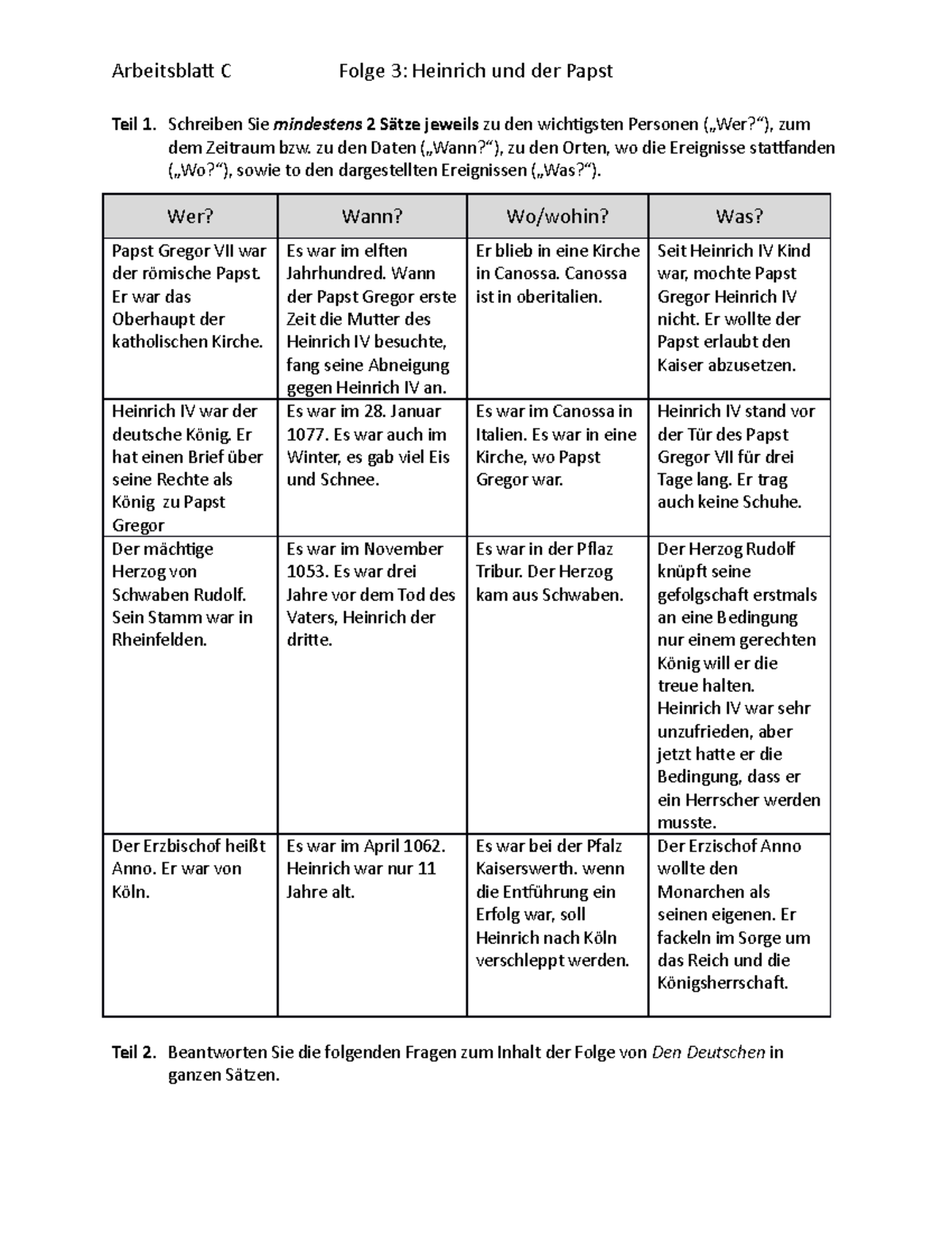 Arbeitsblatt C - Question And Answer For Worksheet - Arbeitsblatt C ...