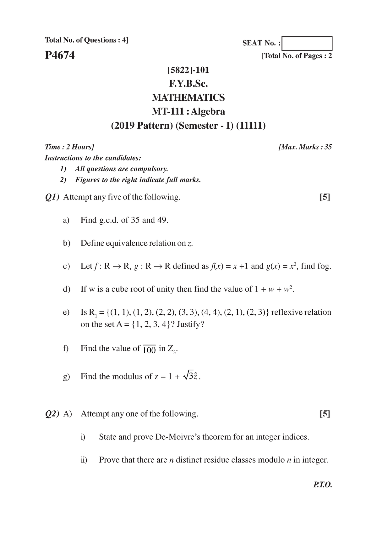 F.Y.B.SC ( SEM.- I ) 2019 Pattern - [5822]-101 1 Total No. Of Questions ...