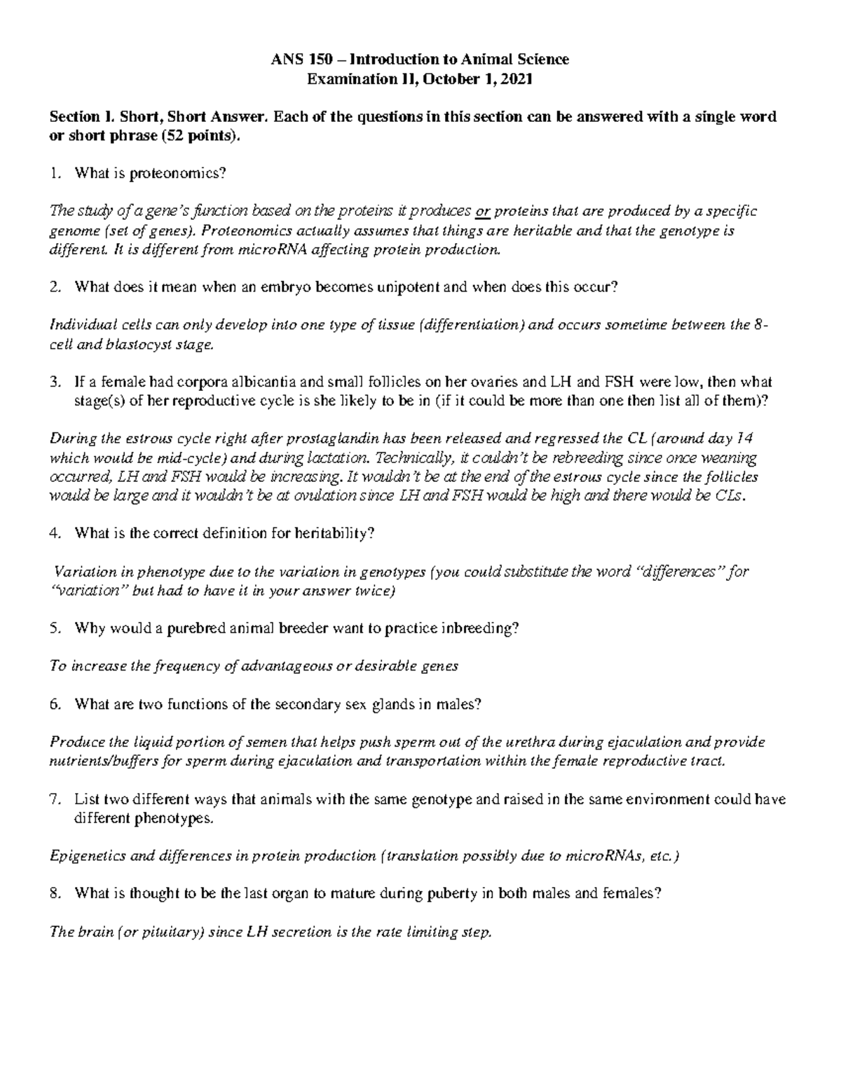 ANS150 E2 2021 Answer Key - ANS 150 – Introduction to Animal Science ...