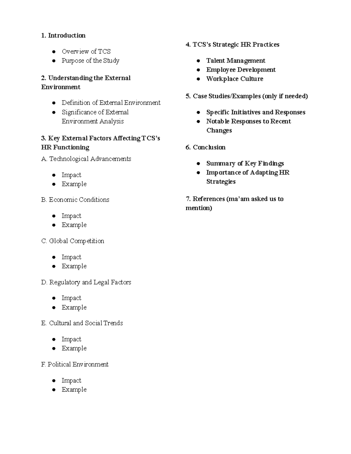 OB-Outline - OUTILNE FOR ASSIGNMENT - Introduction Overview of TCS ...