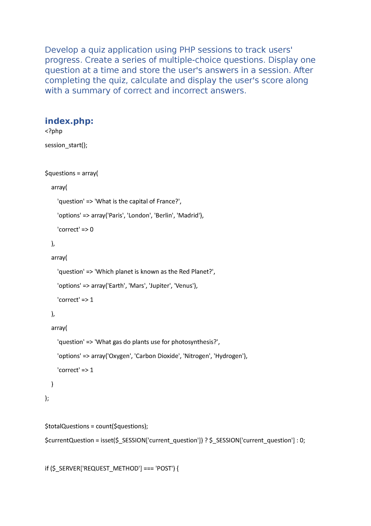 Php Prac Sessions - Practicals - Develop A Quiz Application Using PHP ...
