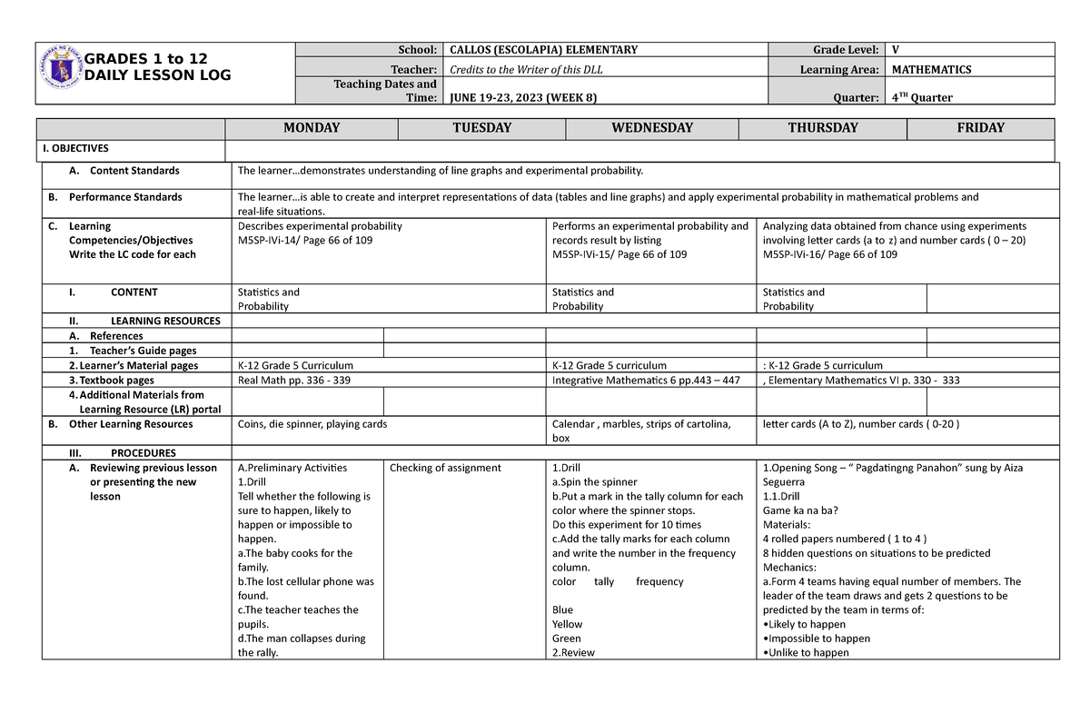 Grade 5 DLL MATH 5 Q4 Week 8 - General Education Curriculum - Studocu