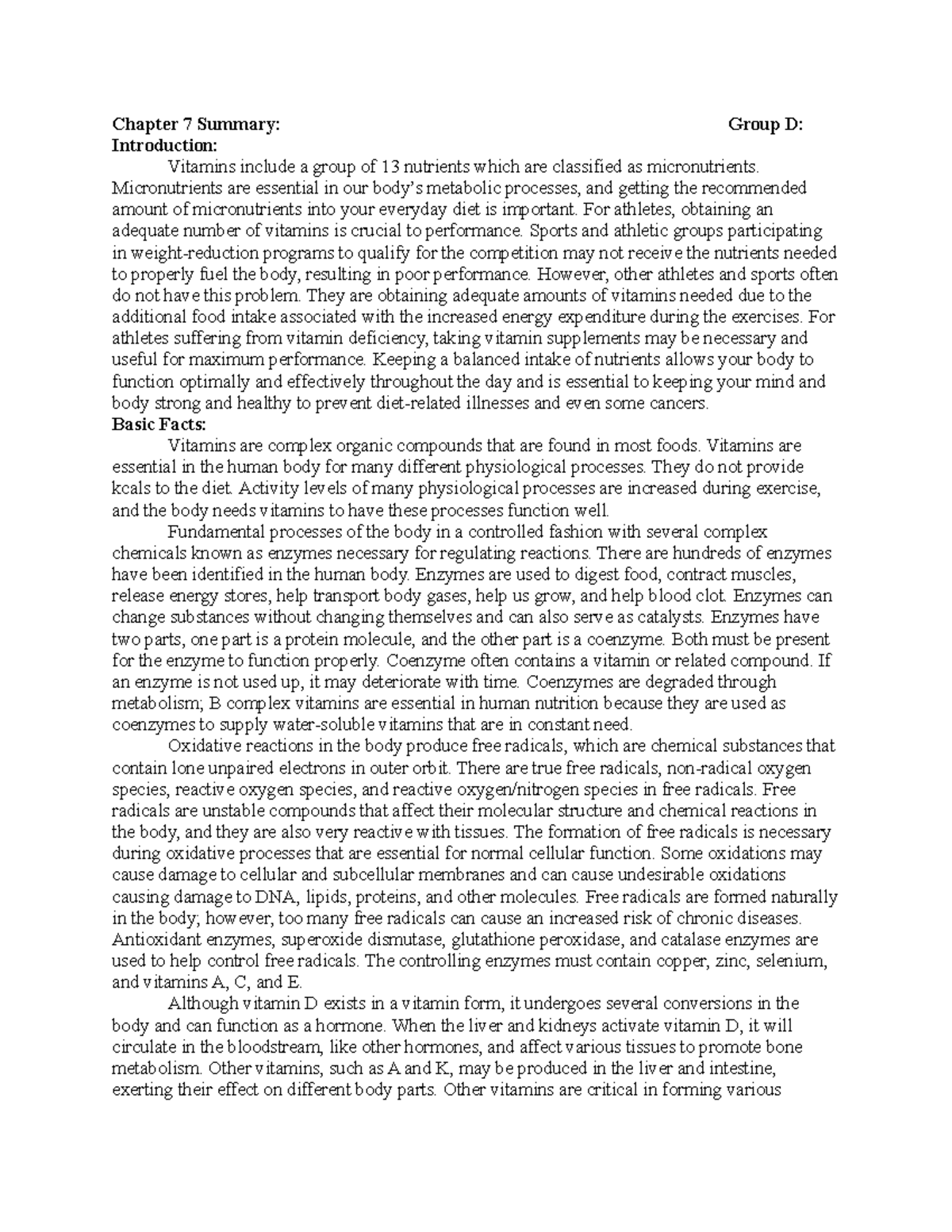 Chapter 7 Summary Sports Nutrition Chapter 7 Summary Group D