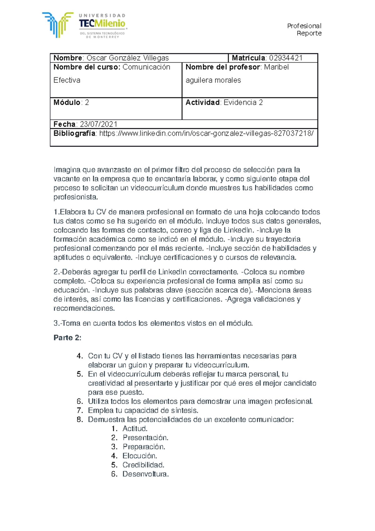 Comunicacion Efectiva Evidencia 2 - Profesional Reporte Nombre : Oscar ...