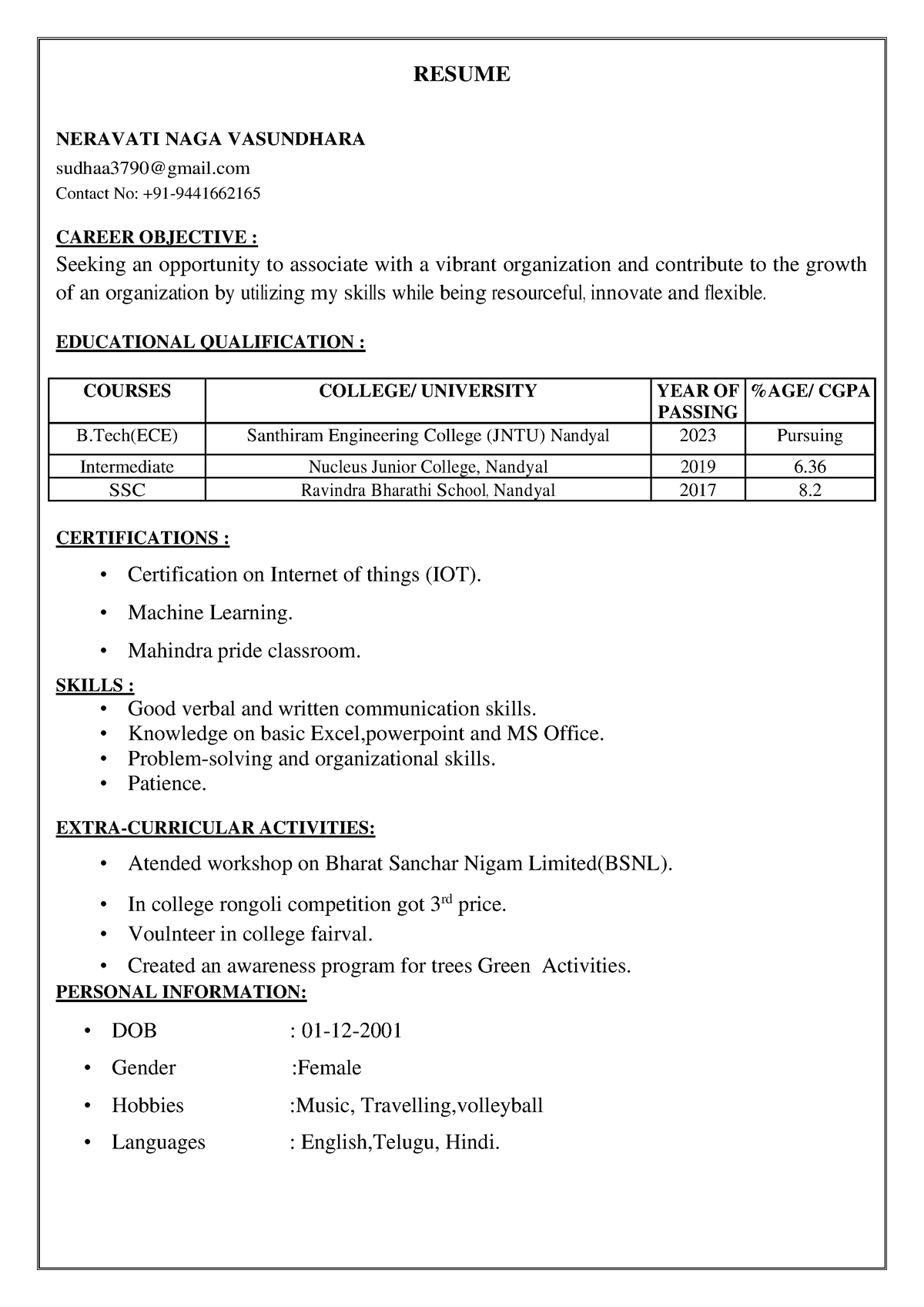 Vasu resume - RESUME NERAVATI NAGA VASUNDHARA sudhaa3790@gmail Contact ...