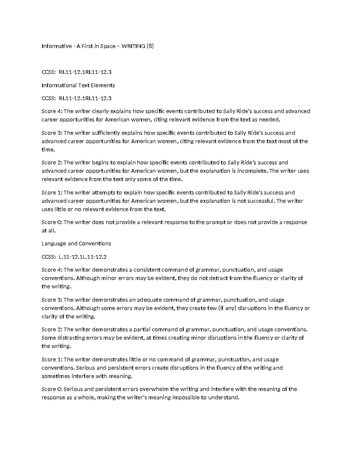 Rubric g12 - .,........... - Informative - A First in Space – WRITING ...