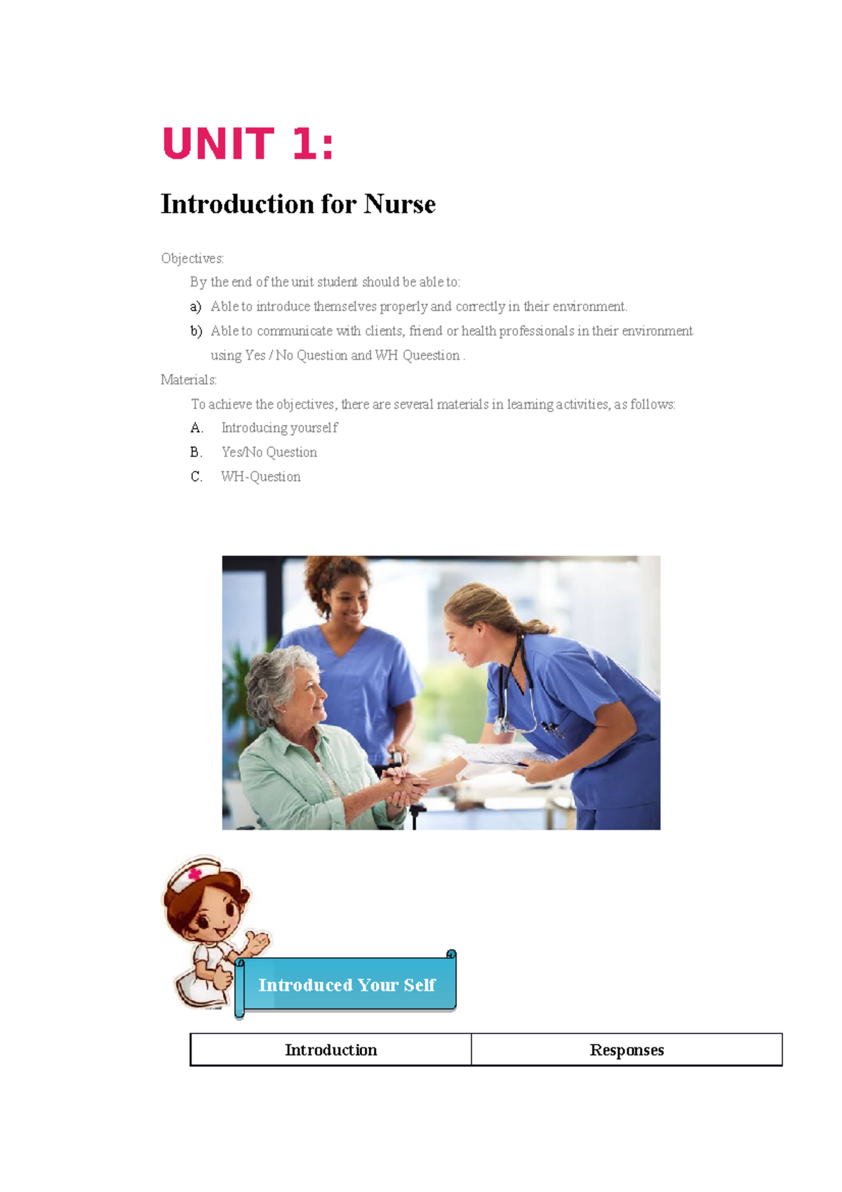 Introducing for Nurse - UNIT 1: Introduction for Nurse Objectives: By ...