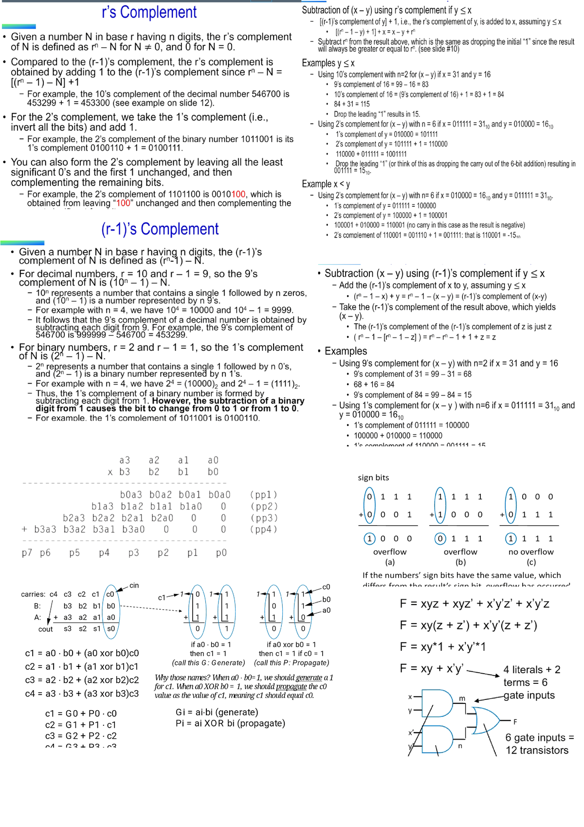 Cheatsheet - Complement Subtraction of using complement if y complement ...