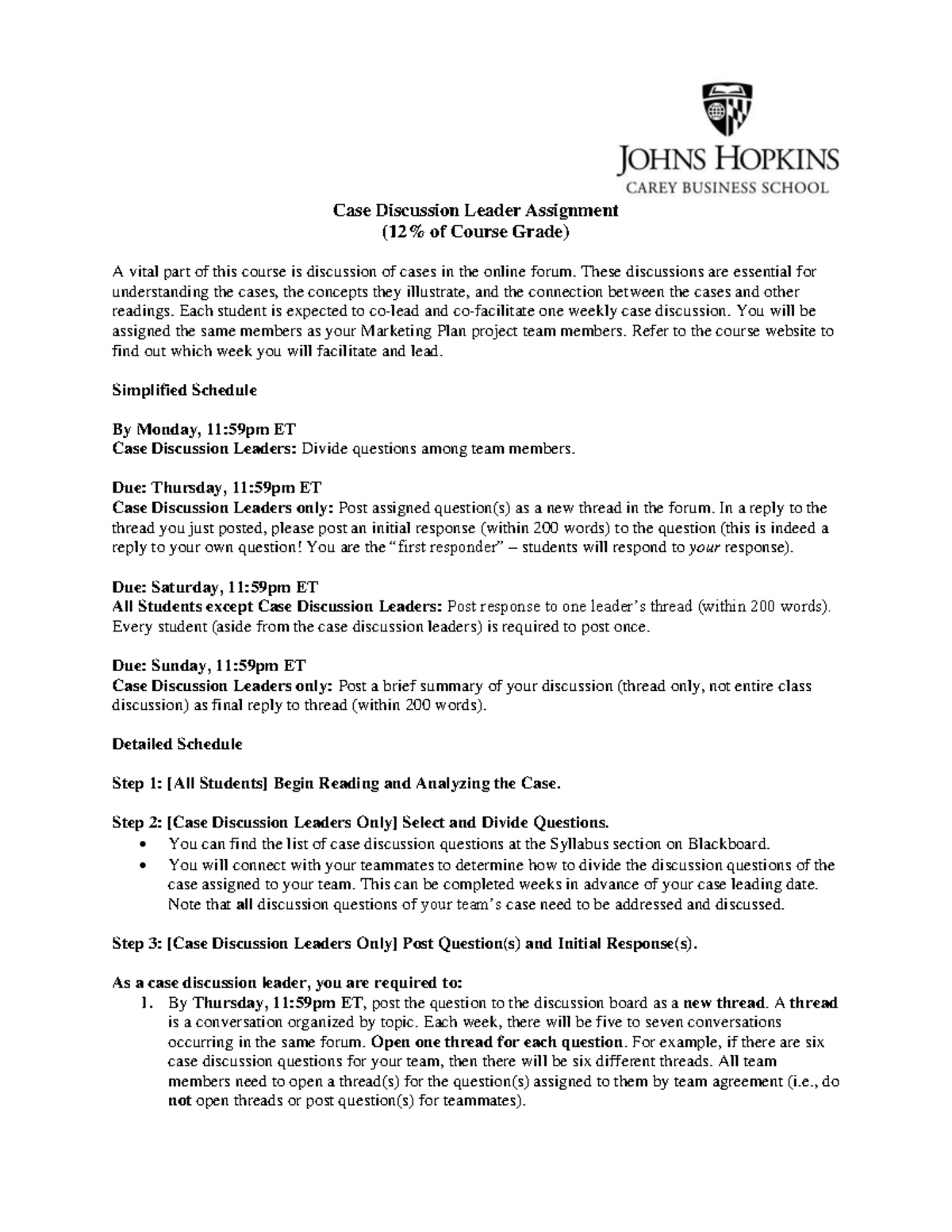 Case Discussion Description MM JLB Case Discussion Leader Assignment
