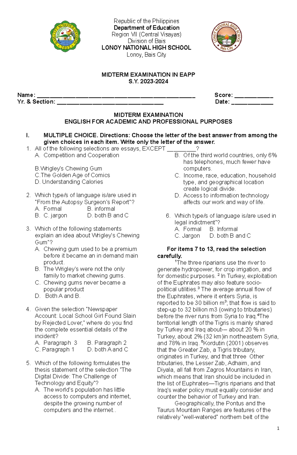 EAPP- TQ Midterm - ENGLISH FOR ACADEMIC AND PROFESSIONAL - Republic of ...