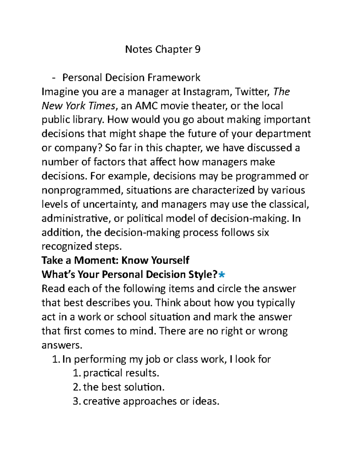 Notes Chapter 9 - How would you go about making important decisions ...