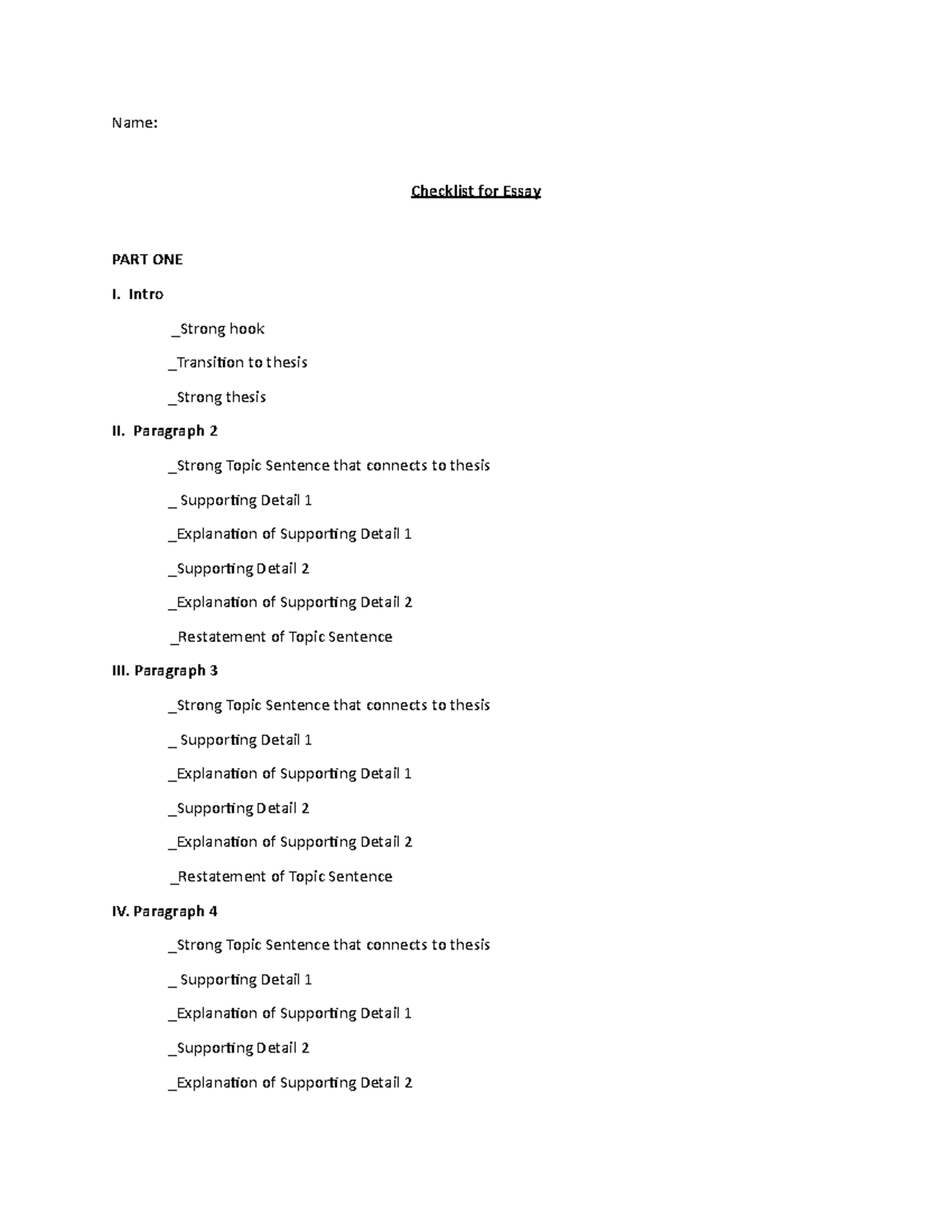 MLA Format Outline Help For Essay ENC1101 - Name: Checklist For Essay ...