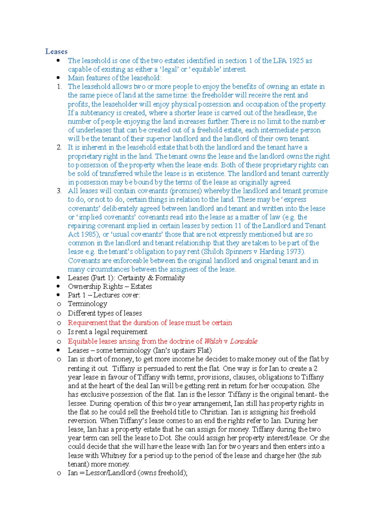 Leases - Lecture notes - Leases 1. 2. 3. o o o o o o o The leasehold is ...