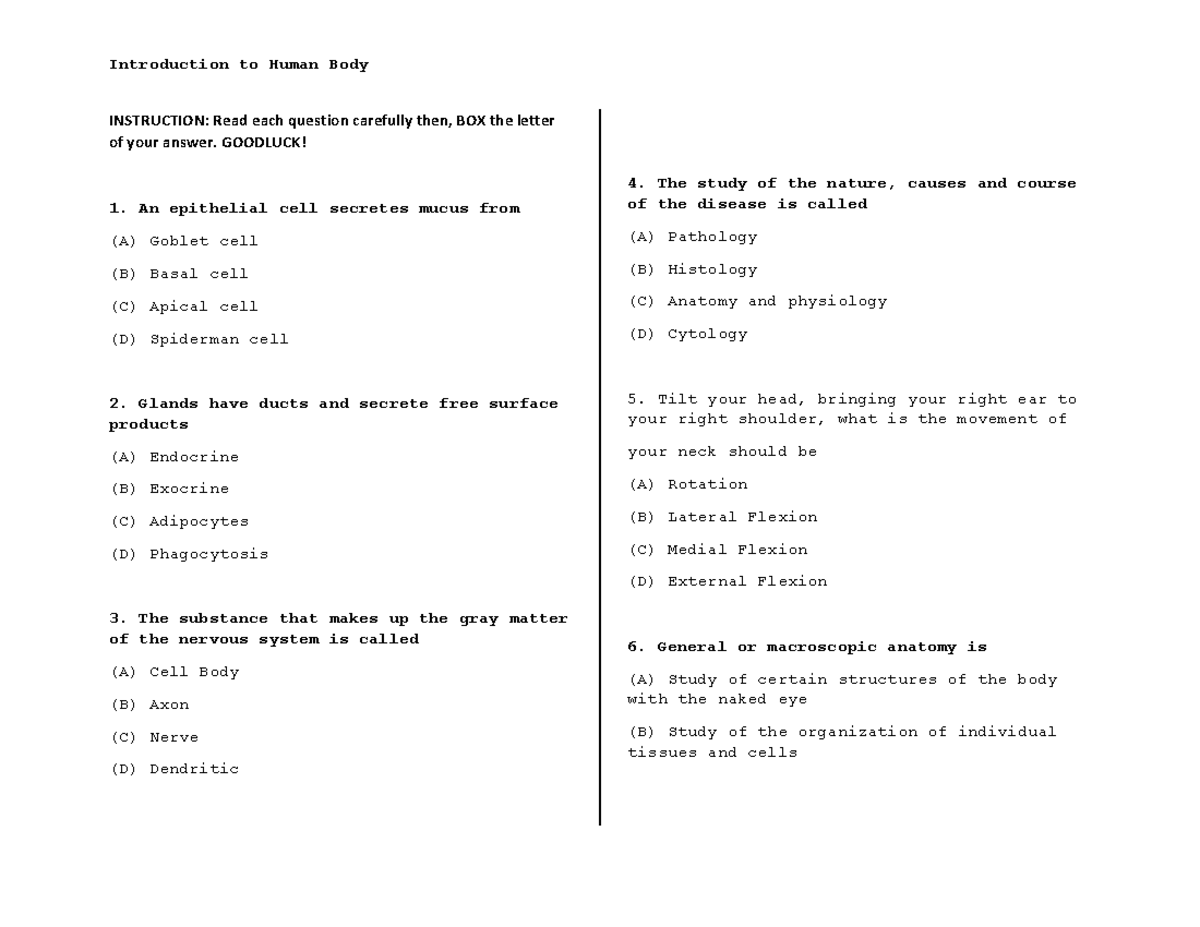 Intro to Human Body Multiple choice quiz INSTRUCTION Read each