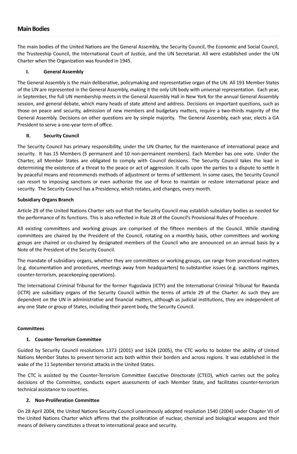 The Main Bodies Of The United Nations