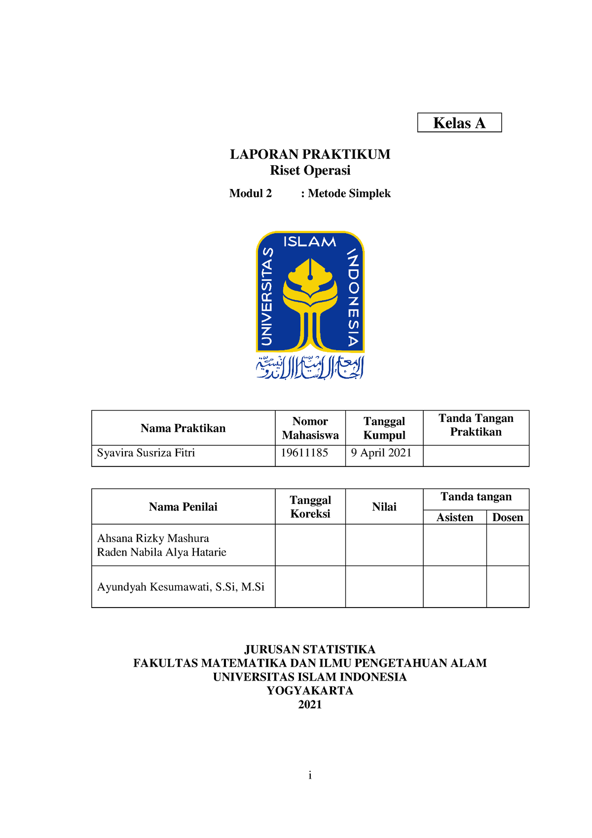 Praktikum Riset Operasi Metode Simpleks - I Kelas A LAPORAN PRAKTIKUM ...