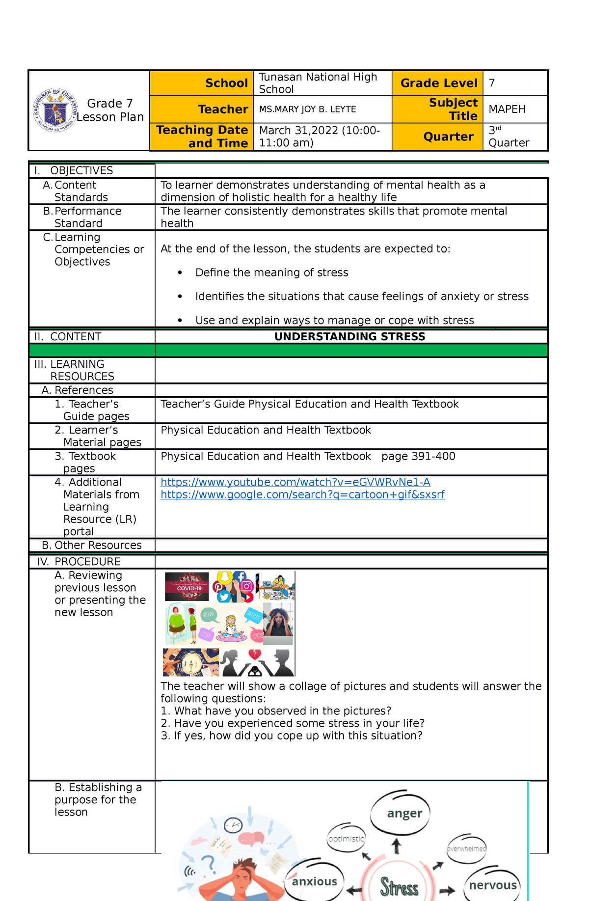 Lesson Plan Health Week 8 Understanding Stress Grade 7 Lesson Plan 