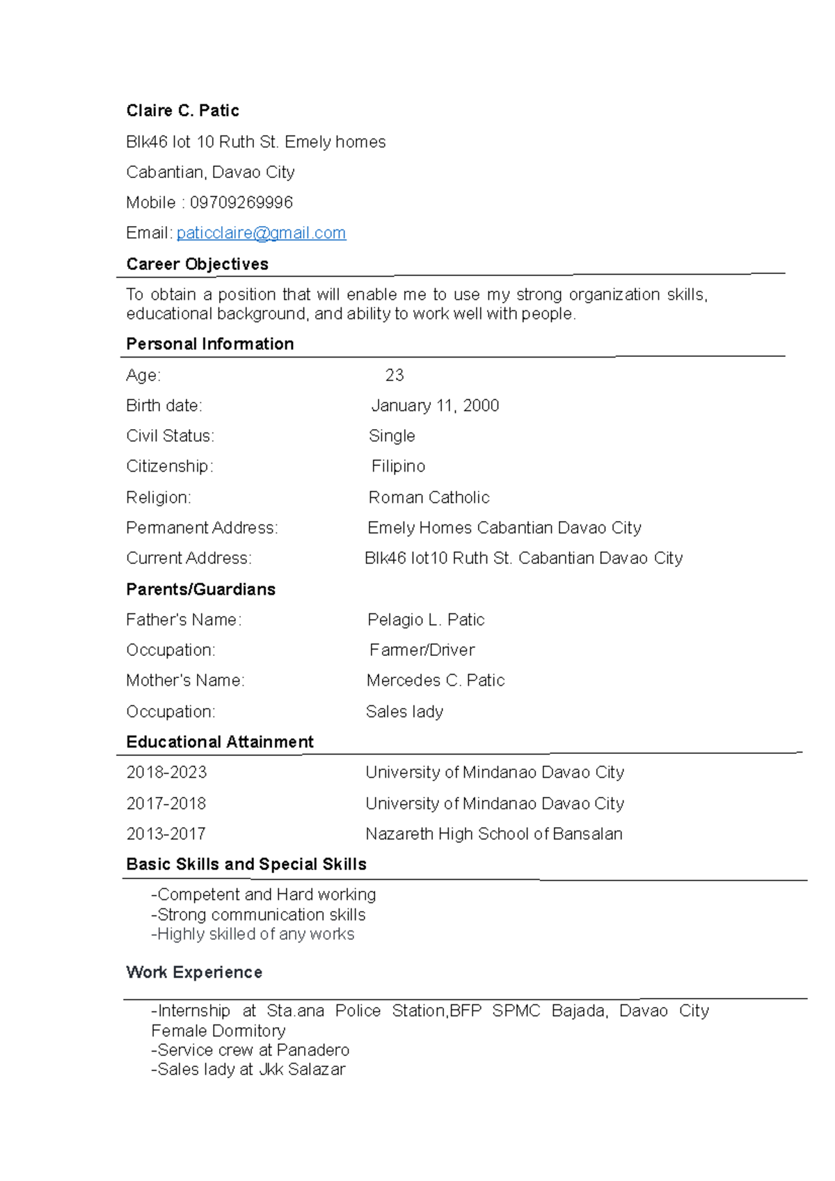 Resume - Jfhensksks - Claire C. Patic Blk46 lot 10 Ruth St. Emely homes ...