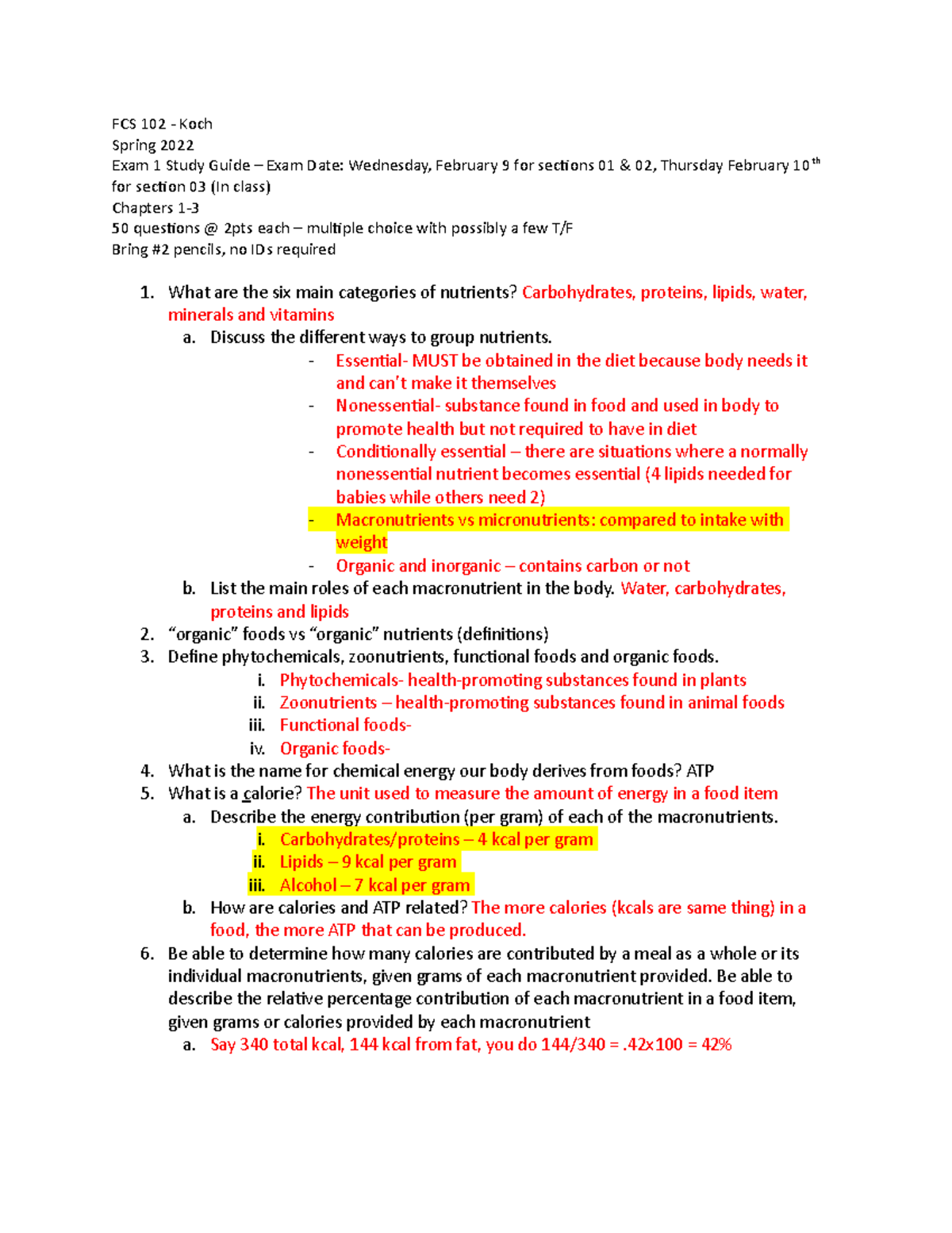 Exam 1 Study Guide Spring 2022 - FCS 102 - Koch Spring 2022 Exam 1 ...