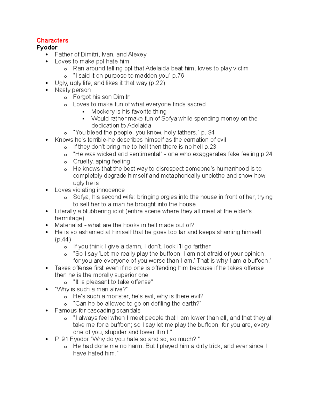 Brothers Karamazov Study Guide Characters Fyodor Father of Dimitri